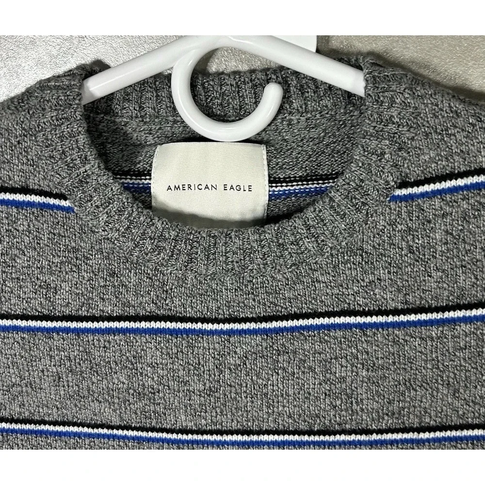 American Eagle Outfitters Sweater Men's Pullover Crew Neck‎ Gray Blue Stripes